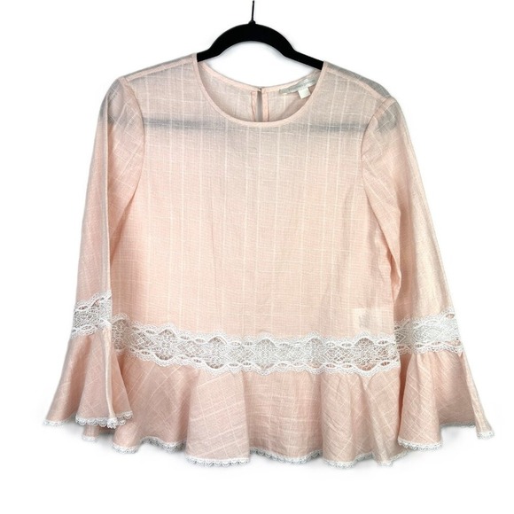Jonathan Simkhai Bateau Neckline Three-Quarter Sleeve Ruffle Blouse Pink Small - Picture 3 of 9